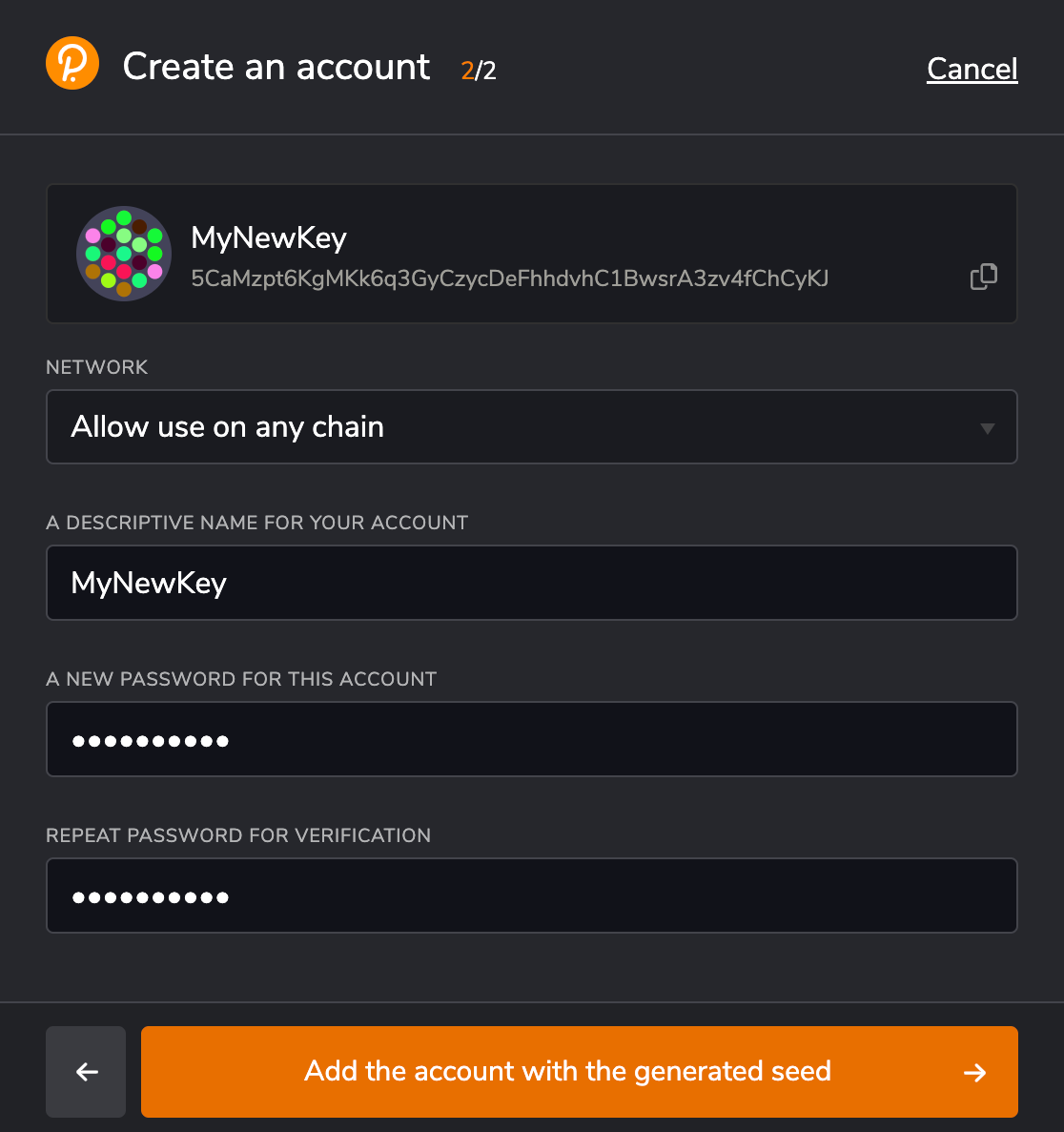 Polkadot.js account